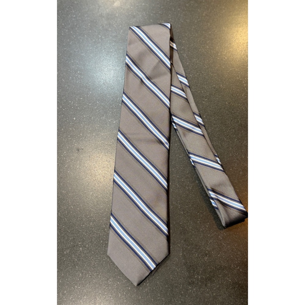 Saks Fifth Avenue Silk Tie OS Grey Blue Striped Italian Made Corporate Preppy